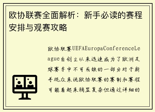欧协联赛全面解析：新手必读的赛程安排与观赛攻略